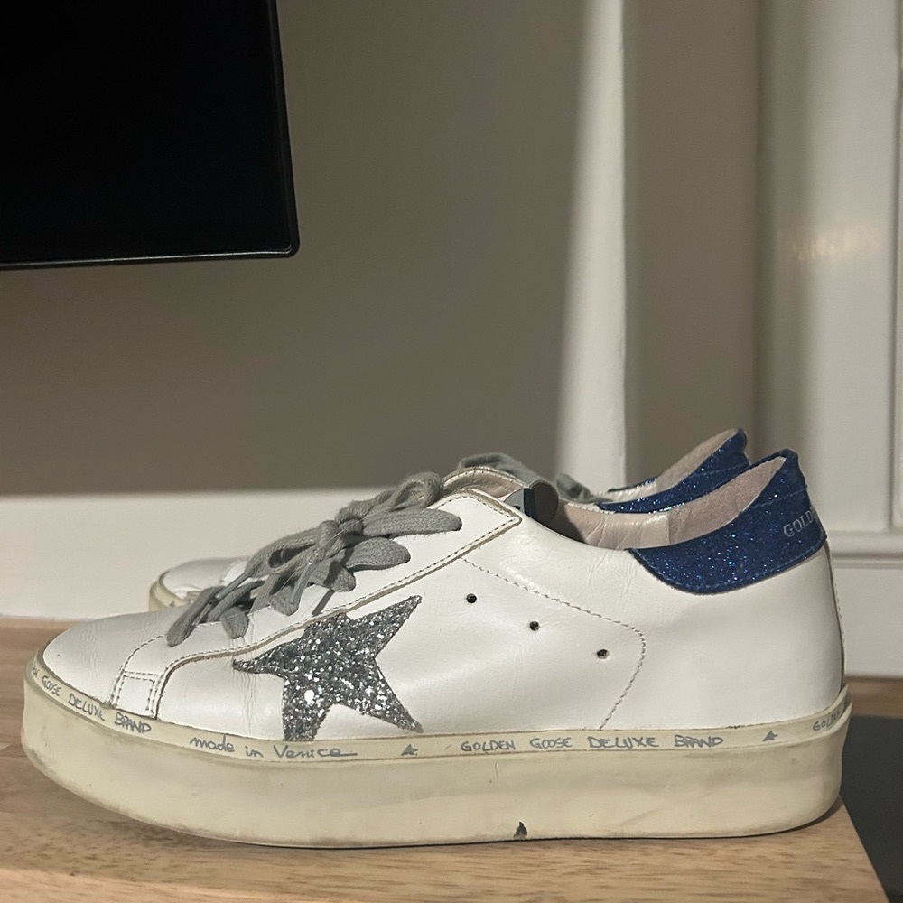 Golden Goose White and Blue Sneakers with Silver Star